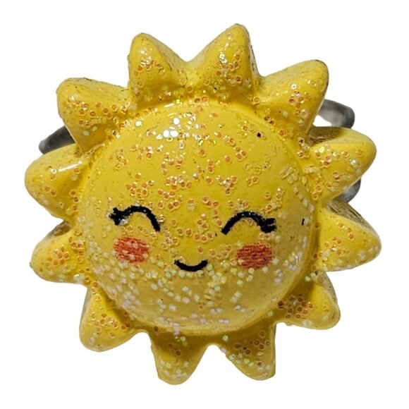 Yellow Smiley Face Sunshine Sunburst Ring Girls Costume Jewelry Adjustable - Picture 1 of 5